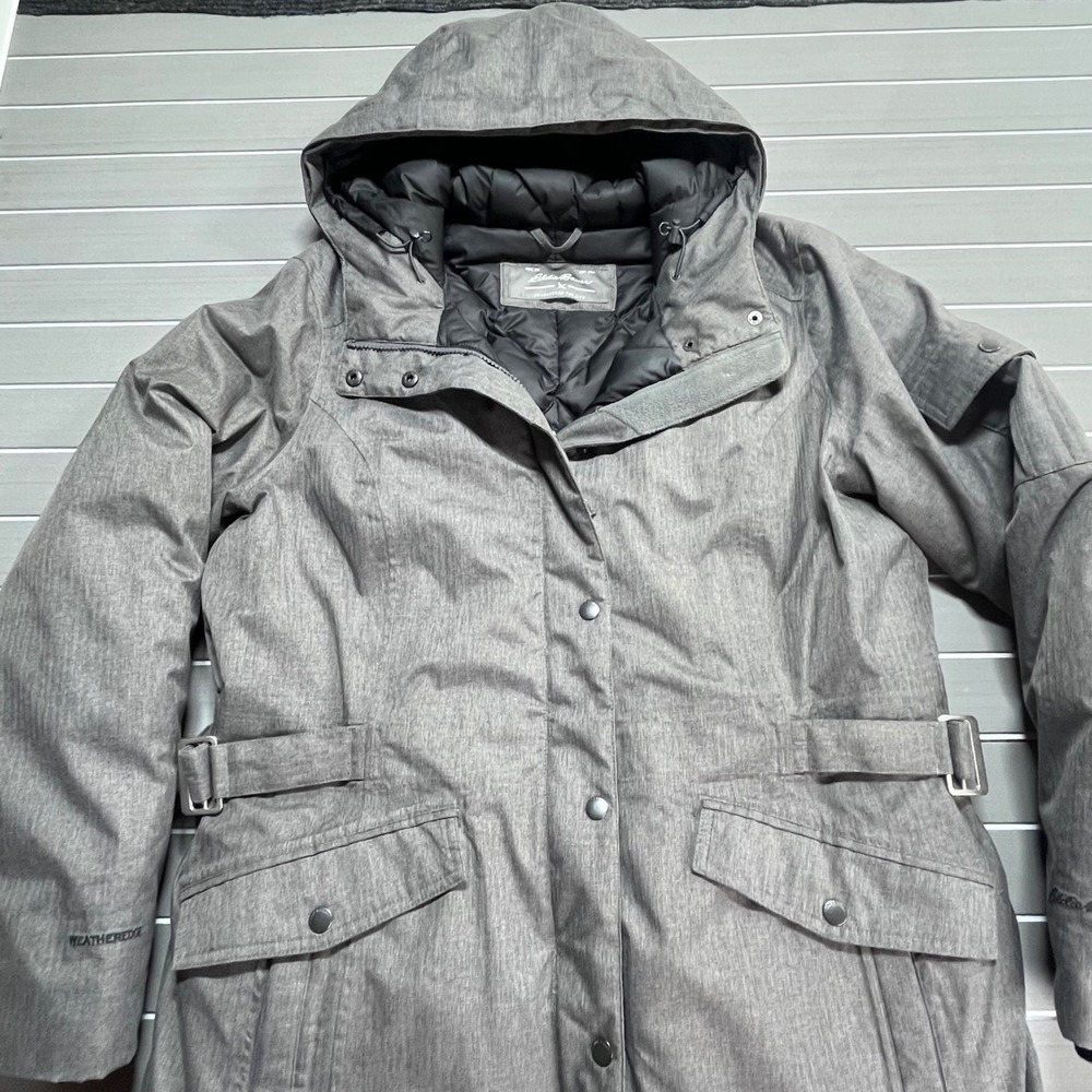 Eddie Bauer WeatherEdge Gray Herringbone Down Parka Hooded Winter Coat Womens L‎